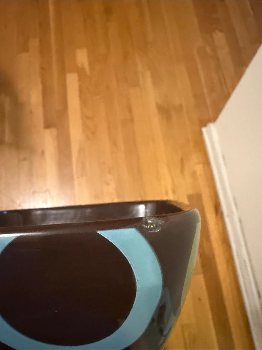Modern Brown “Chocolate” Ceramic Bowl with Blue and Yellow/Green Circle Accents